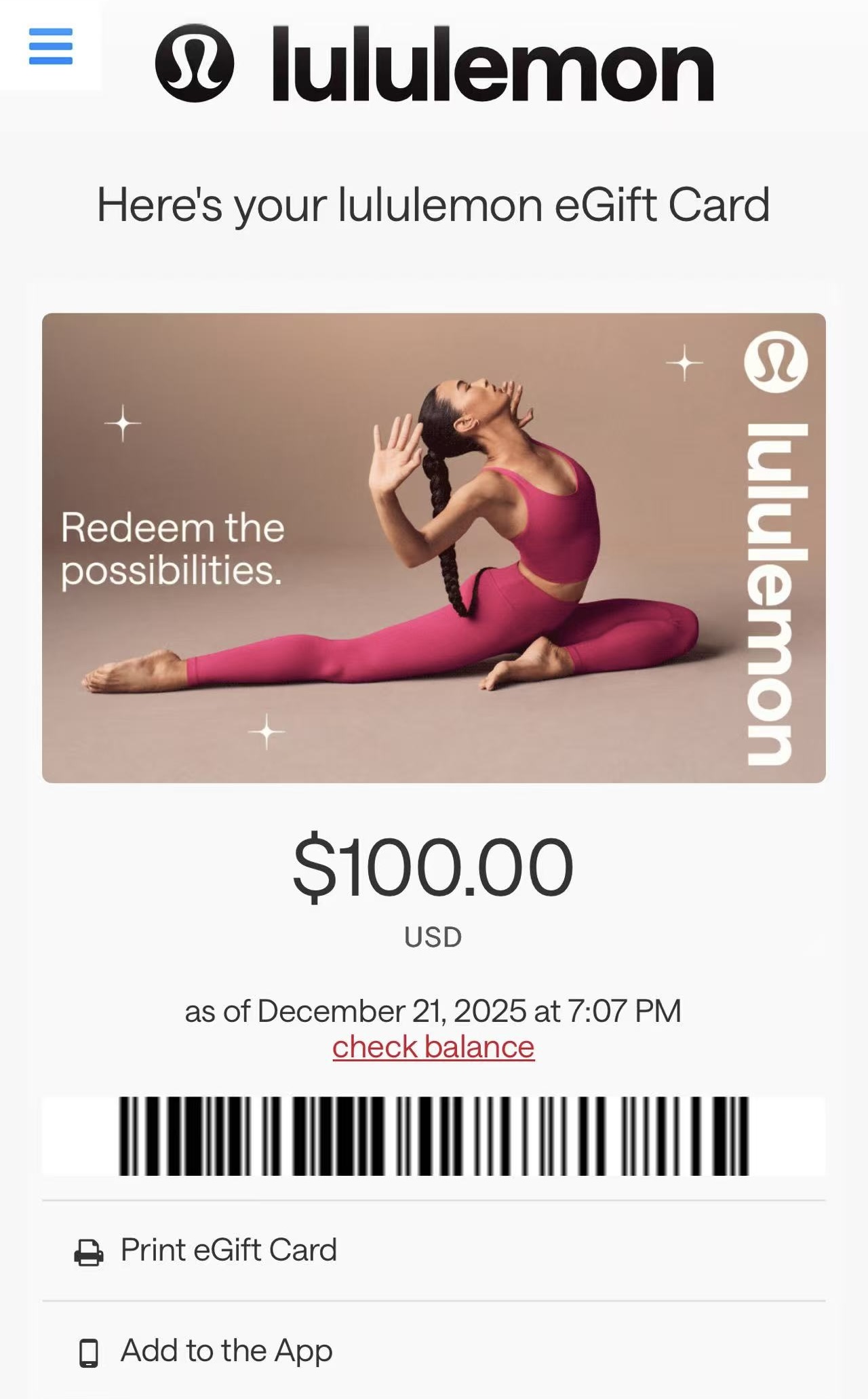 lululemon gift card for cash